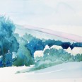 Witte huisjes in blauw landschap